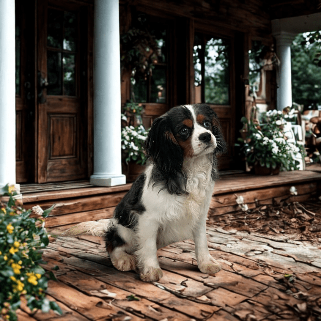 A Cavalier King Charles Spaniel with black, white, and brown fur sits on a wooden porch surrounded by flowers and greenery, resembling the sweetness often seen in mini Berners, in front of a rustic house.