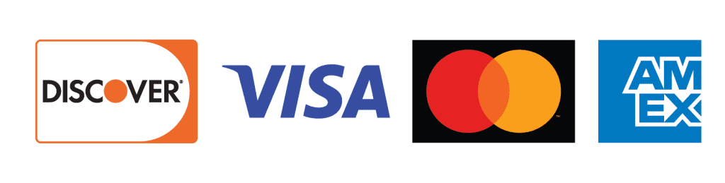 Logos of four major credit card companies—Discover, Visa, Mastercard, and American Express—shown in a row on a white background, perfect for purchasing Bernalier puppies or supplies for your Mini Bernese Mountain Dogs.