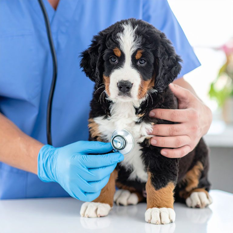 Mini Bernese Mountain dog getting checked out at the veterinarian