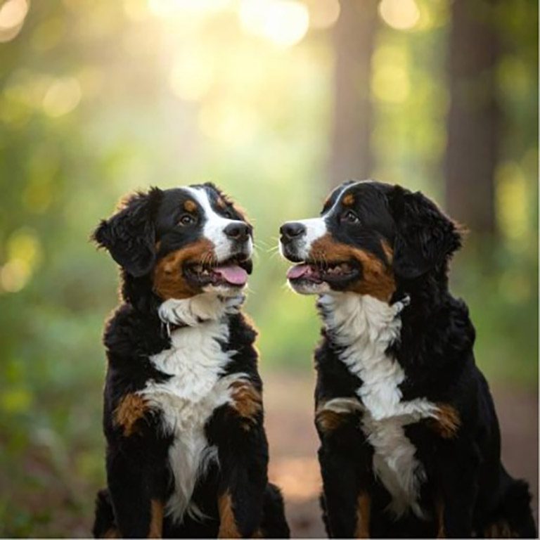 Two Mini Bernese Mountain Dogs standing next to each other