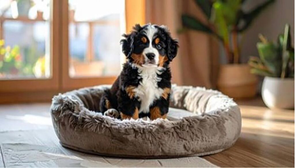 Mini Bernese Mountain Dog sitting in a dog bed