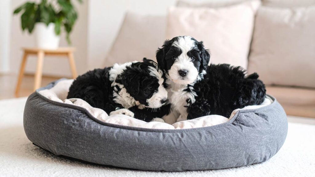 Two tiny Bernedoodles  in a dog bed